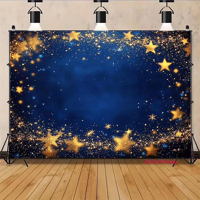 2D Golden Star Glitter Backdrop, Blue Galaxy Party Banner