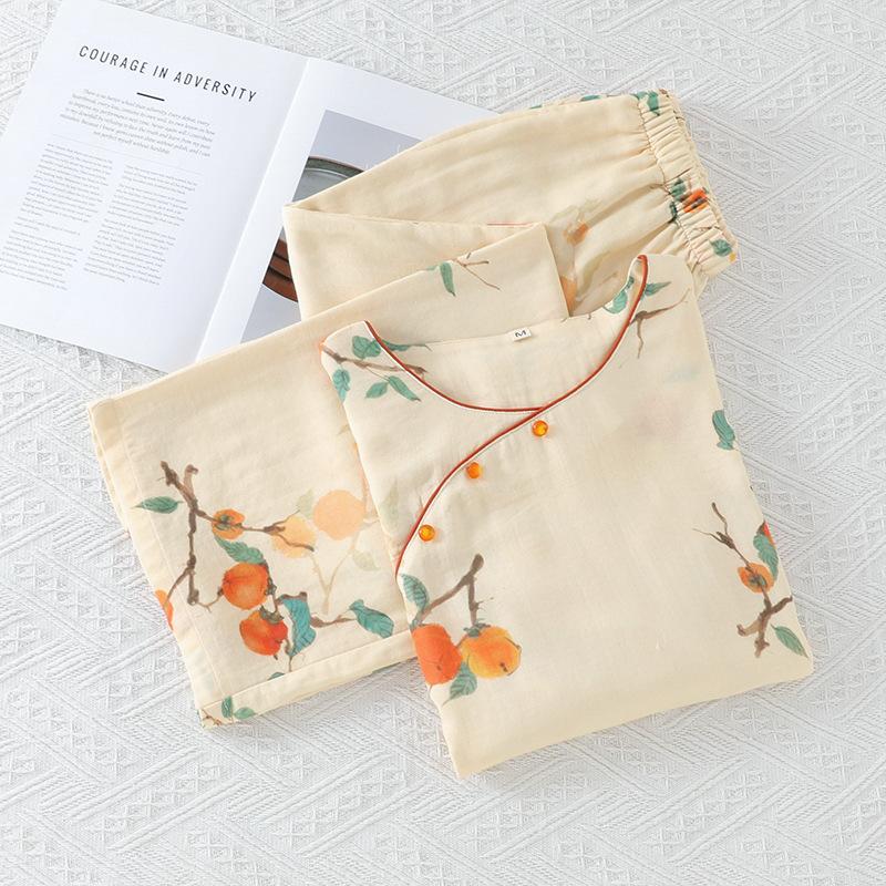 Весна / Лето Тонкая женская пижама в китайском национальном стиле Свободная одежда из бамбукового хлопка Рукава семь четвертей Домашняя одежда