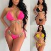 Women Sexy Chain Triangle Split Bikini Suit Set Summer Tie Side G-String Thong Swimsuit Backless Halter Lace Up Elastic Bikini
