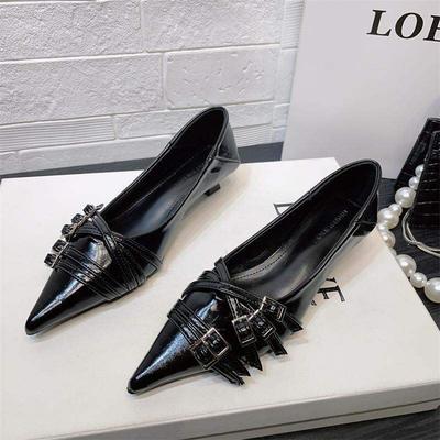 Европейский и американский стиль острый носок мелкий вырез пряжка тонкий ремень каблук-рюмочка туфли-лодочки женские осень 2025 мелкий вырез низкий каблук женские ш