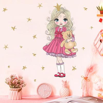 Наклейки на стену с мультяшным медведем, принцессой и звездами для комнат для девочек, декоративные виниловые наклейки для спальни для маленьких девочек, детская комната, наклейки для детской комнаты