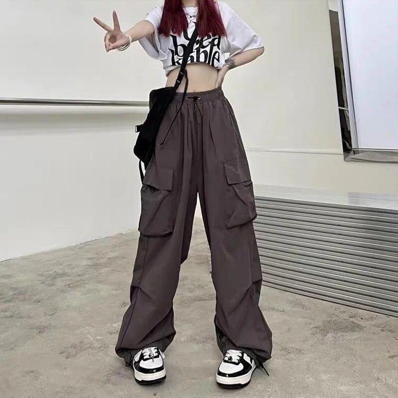 Women Casual Joggers Pants Solid Low Waist Pants Drawstring Wide Leg Baggy Trousers Y2k Streetwear Oversize Sweatpants