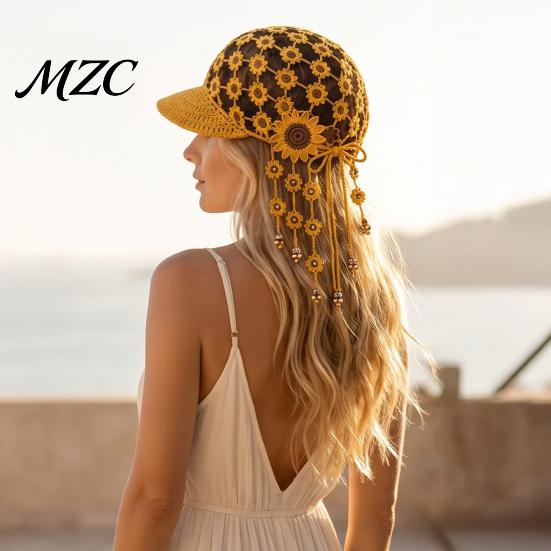 Bohemian Style Sun Hat Hand Crocheted Sunflower Baseball Cap, Tassel Bell Hat, Handmade Knit Cutout Floral Short Brim Cap Beanie Caps, Colored Casual