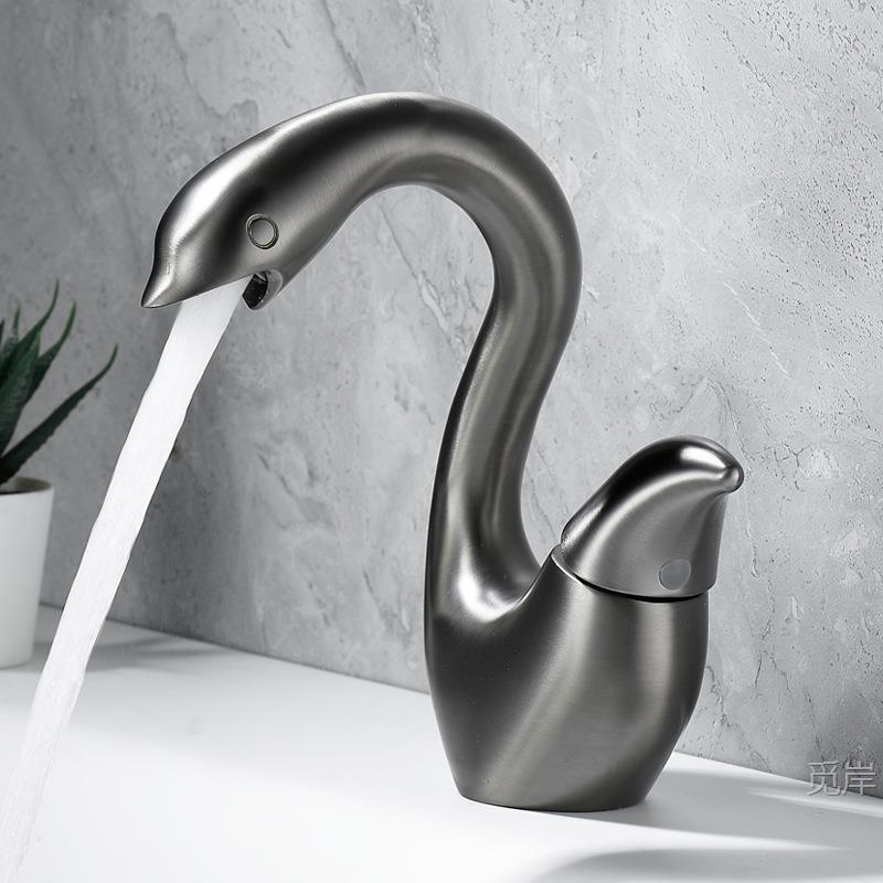 Gold Creative Swan Basin Faucet, Solid Brass Bathroom Vanity Sink Faucet, Hot and Cold Water Faucet, Gunmetal Gray