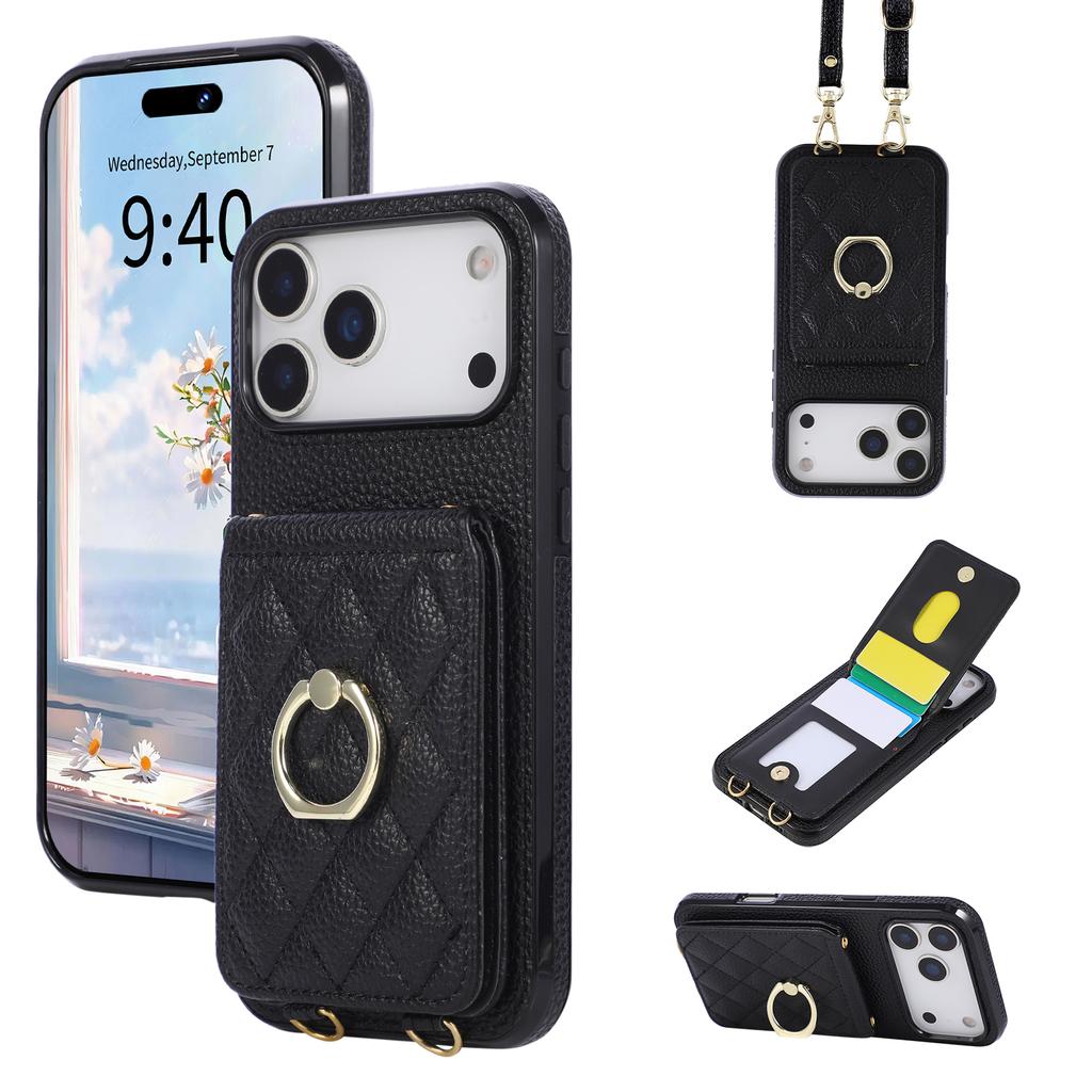 Кошелек-чехол на шею с кольцом-держателем и слотами для карт для iPhone 17 Pro Max 16 Plus 15 14 13 12 11 с длинным ремешком
