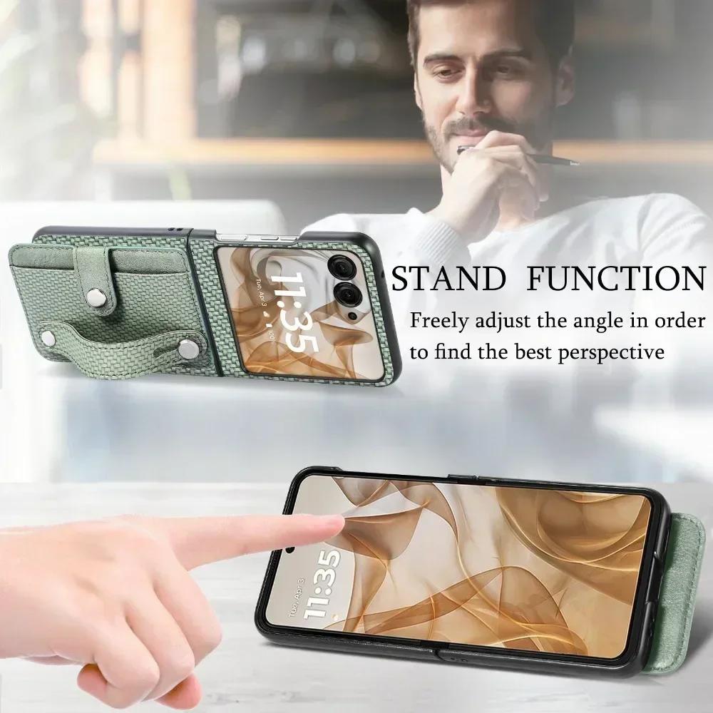 Carbon Fiber Pattern Leather Phone Case For Motorola Razr 60 50 Ultra 40 Multifunctional Card Slot Bag Bracket Wrist Strap Cover