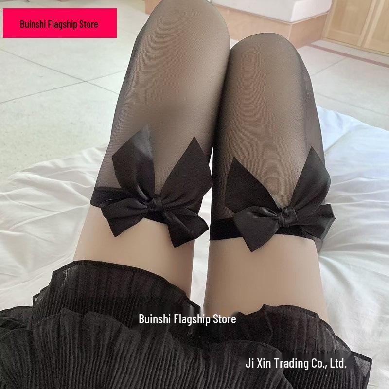 Black Lace Bow Thigh-High Stockings - Sexy Over-the-Knee Style