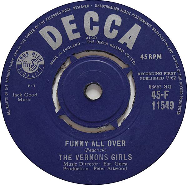7-дюймовая пластинка VERNONS GIRLS Funny All Over 45F11549 Decca 1962 UK Поп Б/у