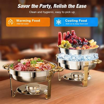 Набор термоизолированных кастрюль золотого и серебряного цвета для еды, включающий круглую термоизолированную кастрюлю из нержавеющей стали объемом 5 кварт, крышку и подставку. Подходит для вечеринки