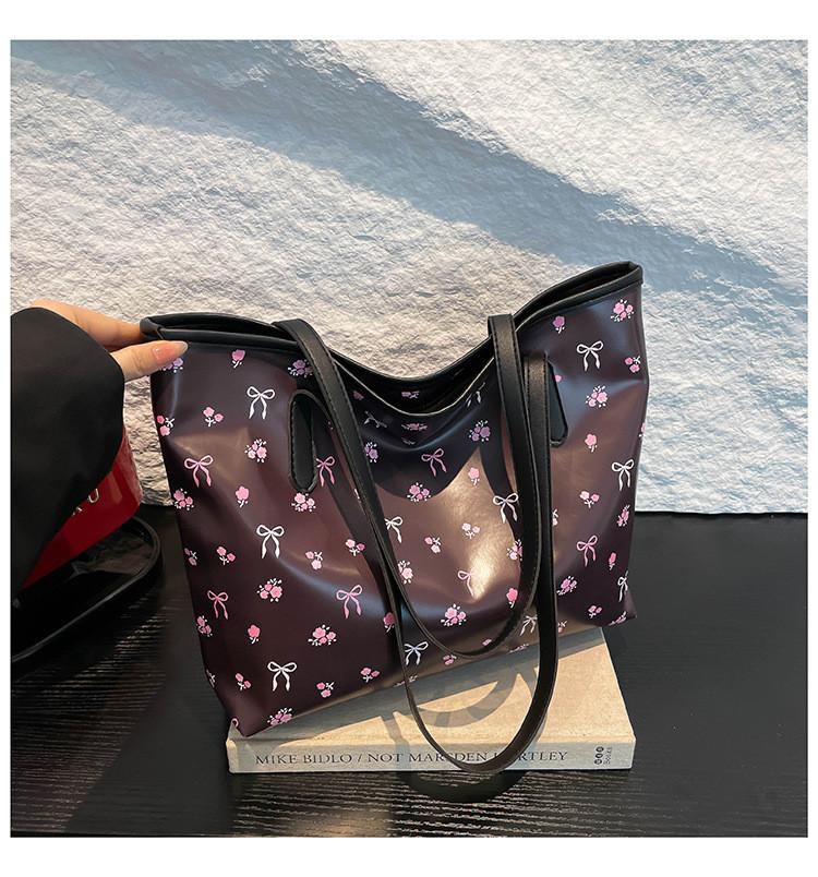 Sweet Cherry Printed Tote Bag For Women Large Capacity Street Style Pu Handbag