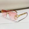 Popular  Vintage Wave Rimless Sunglasses Women For Men Sun Glasses Punk Luxury Brand Designer Pink Gold Leopard Shades Uv400