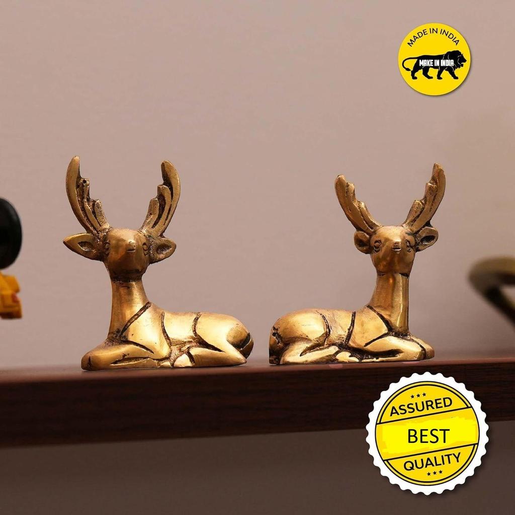 Brass Deer for Home Decor - 2 Piece 100% Pure Brass | Decorative Brass Deer for Desk, Car, and Home Decor | Yellow Antique Finish for Gifting