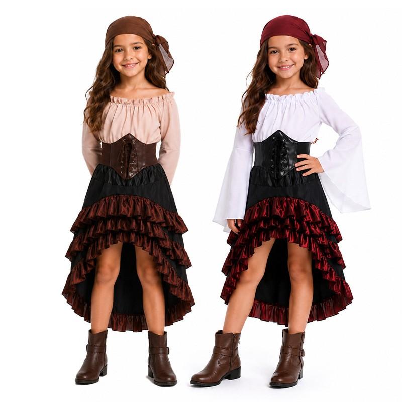 Halloween Costume Dress Girls Vintage Asymmetrical Hem High Waist Ruffle Skirt Pirate Theme Stage Outfit