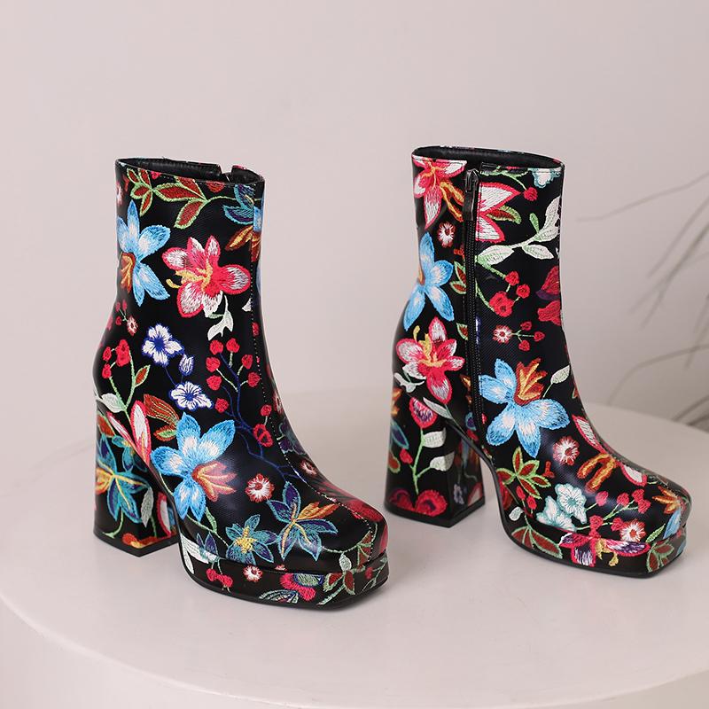 Q/женские короткие ботинки на высоком каблуке, модная водонепроницаемая платформа с принтом, короткие ботинки большого размера на толстом каблуке