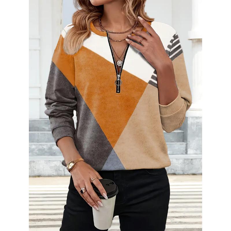 European and American Autumn and Winter Fashion Geometric Print Round Neck Zipper Women's Long Sleeve T-shirt