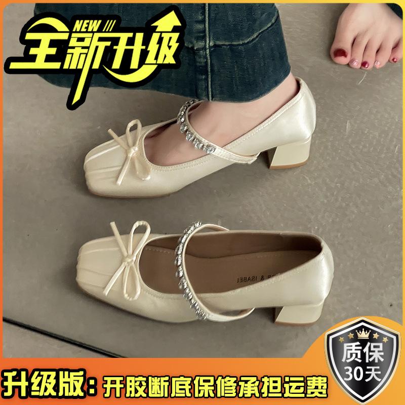 French bow thick heel high heels women's summer 2025 new rhinestone square head single shoes shallow mouth Mary Jane shoes