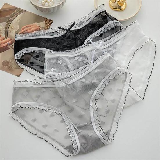 Simple Lady Briefs See-through Butt Lift Ultralight Net Yarn Ruffle Lace Trim Splicing Lady Panties for Inner Wear