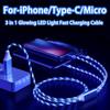 Светящийся светодиодный светильник 3 в 1, кабель Micro USB Type C для быстрой зарядки 3A для iPhone, Samsung, Xiaomi, Redmi, зарядное устройство для телефона, USB-кабель