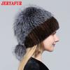 JERYAFUR Женская зимняя меховая шапка из натурального меха, вязаная меховая шапка с помпоном из норки и лисы с шариками, стильная теплая модная шапка для девочек, шапка
