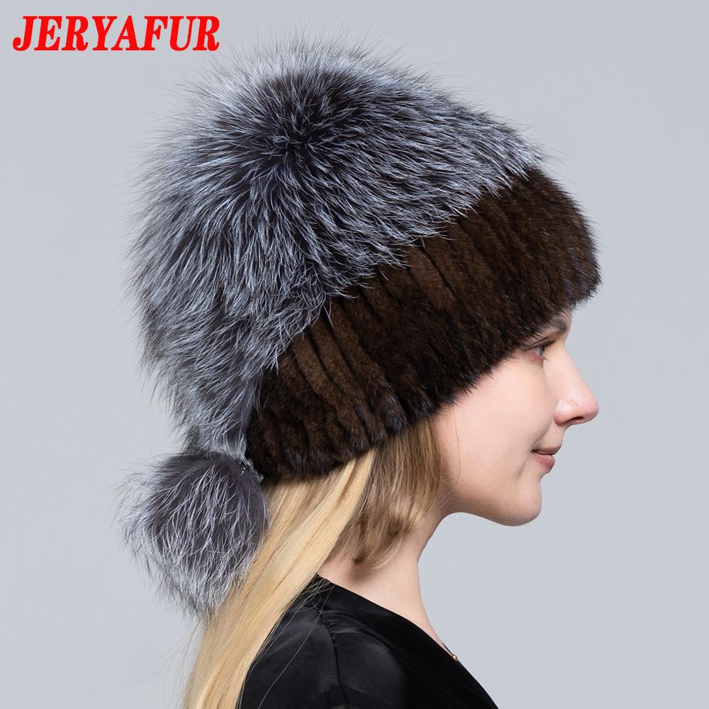 JERYAFUR Женская зимняя меховая шапка из натурального меха, вязаная меховая шапка с помпоном из норки и лисы с шариками, стильная теплая модная шапка для девочек, шапка