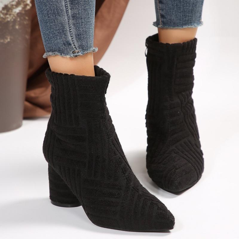 Large size thick heel high heel boots new solid color side zipper pointed short fashion boots