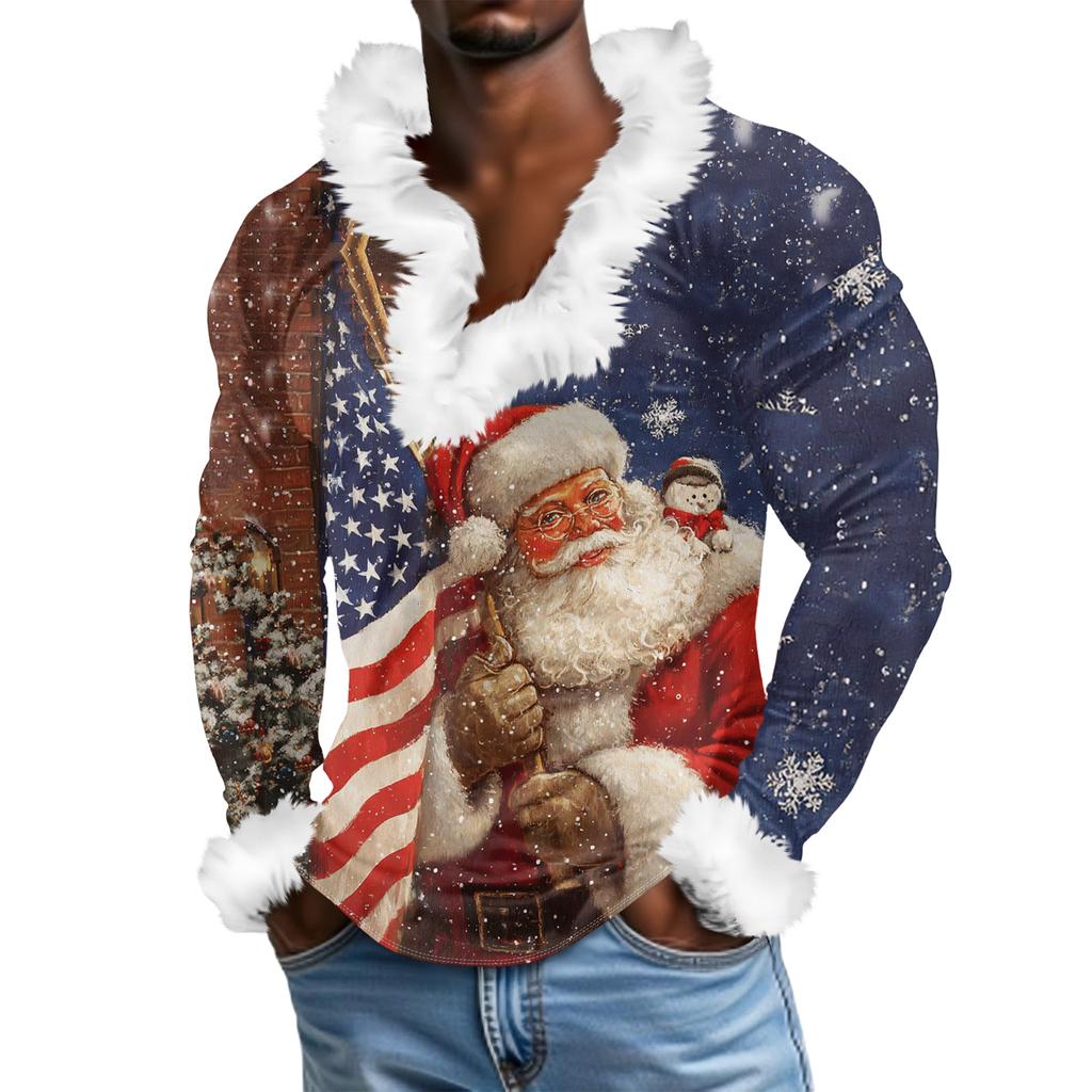 Мужской повседневный рождественский плюшевый свитшот с V-образным вырезом и длинными рукавами из флиса