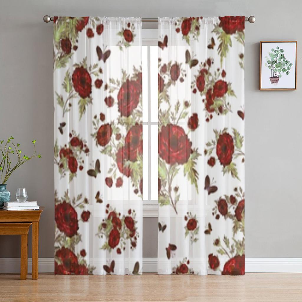 Roses And Butterflies Sheer Curtains For Living Room Window Transparent Voile Tulle Curtain Bedroom Drapes