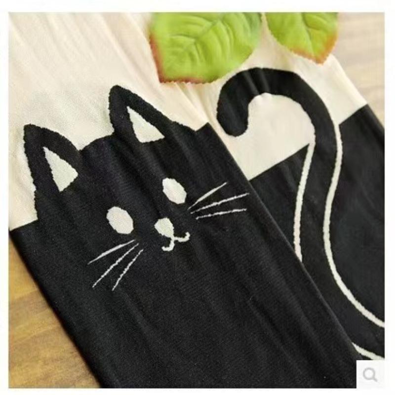 Women Cute Black Cat Printed Silk Knee Socks Casual Thigh Cotton Warm High Over Knee Socks Cute Romantic Socks Lady Cat