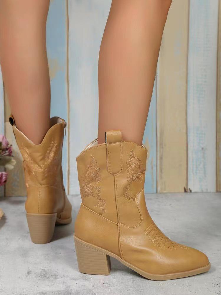 Женские кожаные сапоги большого размера с острым носком на толстом каблуке - осень/зима 2024 г., мягкая подошва, легкие и удобные