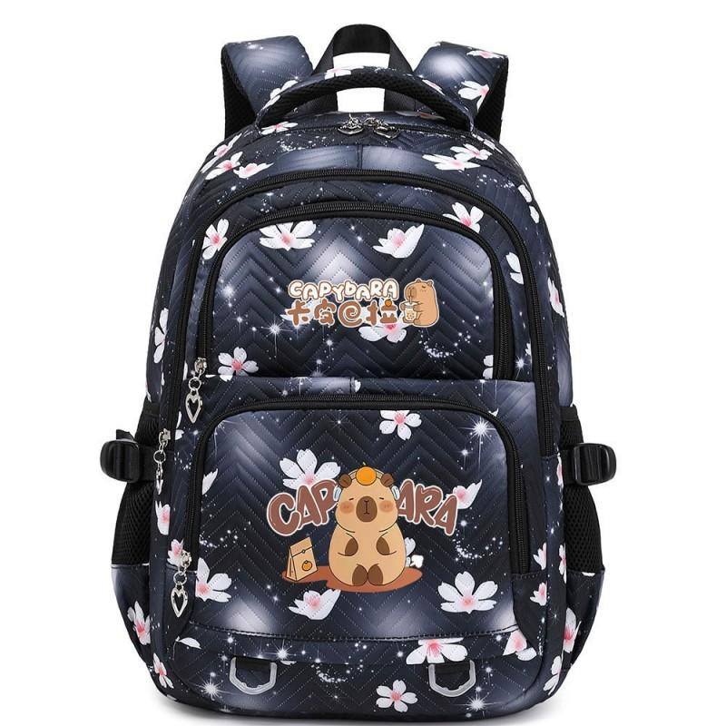 Capybara Print Youth School Backpack Teen Girls Boys Lightweight Multi-Compartment Nylon Bag With Air-Padded Straps