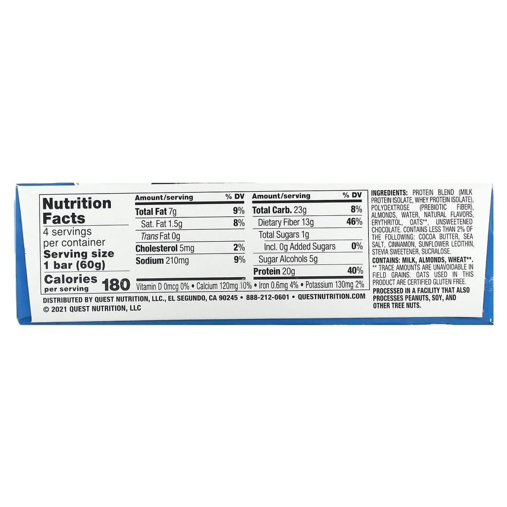 Quest Nutrition Protein Bar, Oatmeal Chocolate Chip, 4 Bars, 2.12 Oz (60 G) Each