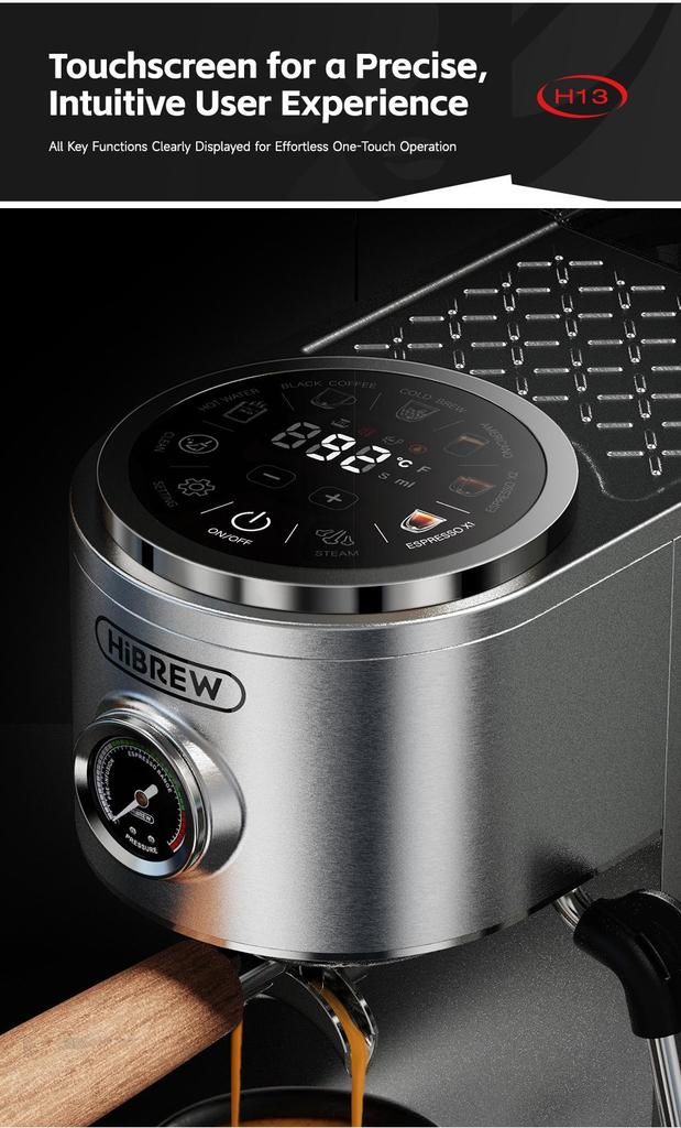 HiBREW H13 Semi-automatic Coffee Machine, Dual Boiler System with 20-Bar Pump Pressure, Multi-function Brewing Modes, Adjustable Drip Tray