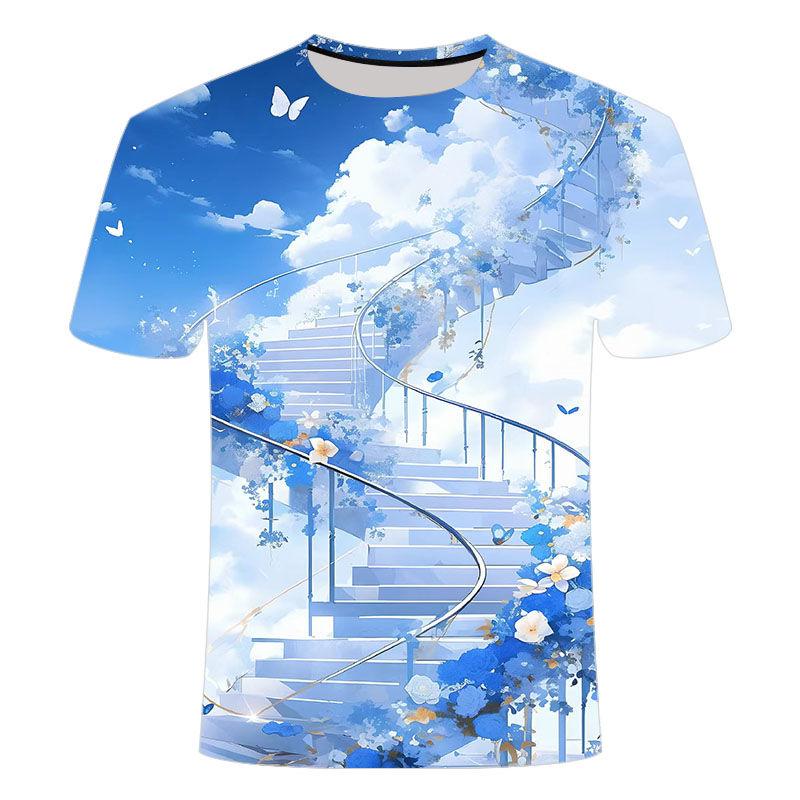 Лето 2024 года, новая серия Cloud Staircase, 3D-печатная персонализированная мода для учащихся средних школ, мужские и женские, с короткими рукавами