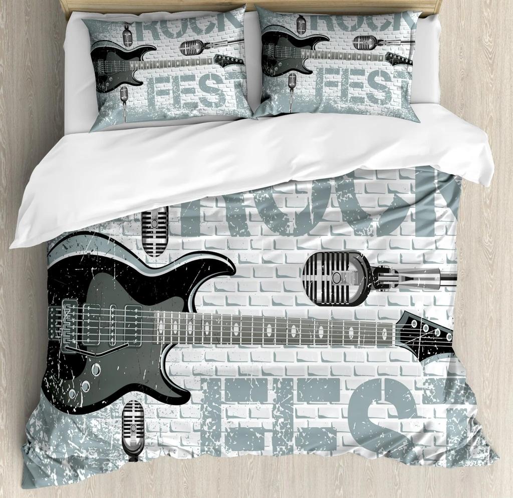 Premium Guitar Duvet Cover Kingqueen Size Rock Music Bedding For Kids Teens Vintage Guitar On Wooden Floor Polyester Quilt Cover Grey