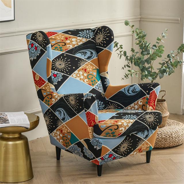 Feather Pattern Wing Chair Cover Stretch Spandex Armchair Covers Removable Relax Single Sofa Slipcovers With Seat Cushion Covers