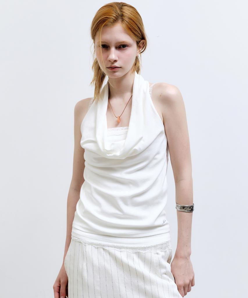 Топ с драпировкой и завязками на шее Nigaennikol Layerd Drape Halter Top_Слоновая кость