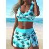 2025 Summer Tree Printed Swimming Clothes 2 Piece Swimsuit Sexy Tight Vest Crop Tops High Waist Mini Skirt With Panties Holiday