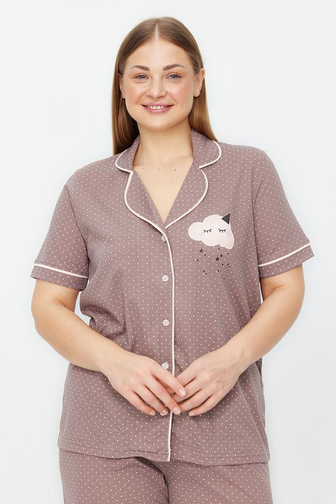 Women's Fashion New Plus Big Size Pajama Set Mink Polka Dot Patterned Shirt Collar Knitted Pajama Set