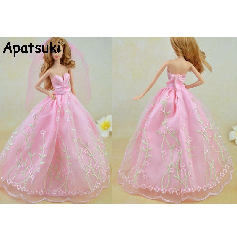Розовое красивое свадебное платье для кукольного домика Барби, длинное платье + вуаль, кружевное платье, одежда для куклы BJD 1/6, одежда