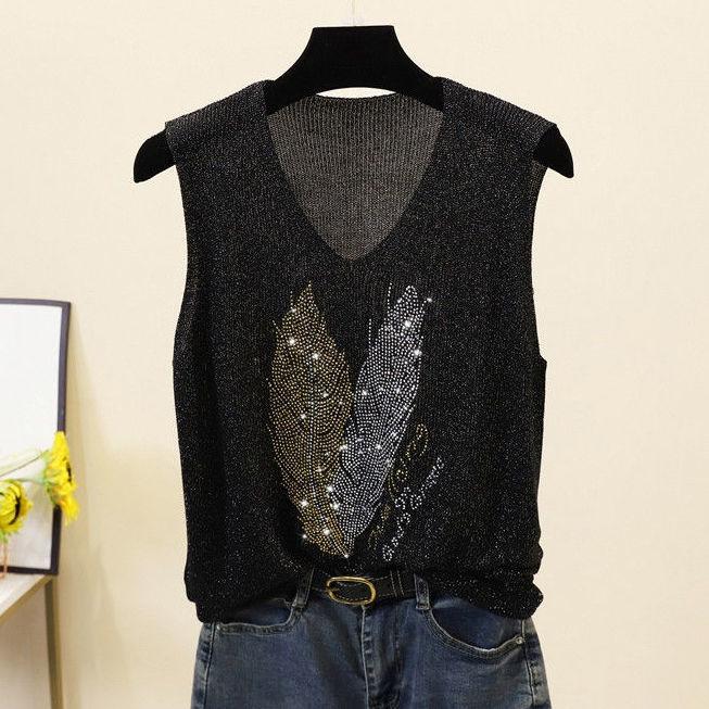 Свободный внутренний плюс плюс без рукавов шелковый трикотажный топ со стразами V-образный вырез майка женская летняя