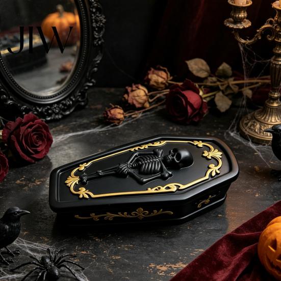 Creative Skull Relief Box Gothic Casket Jewelry Box, Resin Spooky Storage Figurine for Desktop Sundries Organizer Rings, Halloween Dark Tabletop