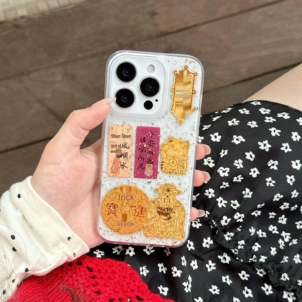 Китайский Бог Богатства Золотая Фольга Эпоксидный Чехол для Телефона для iPhone 13, 14, 15, 16 Pro Max & 17 Air - Ударопрочный Дизайн