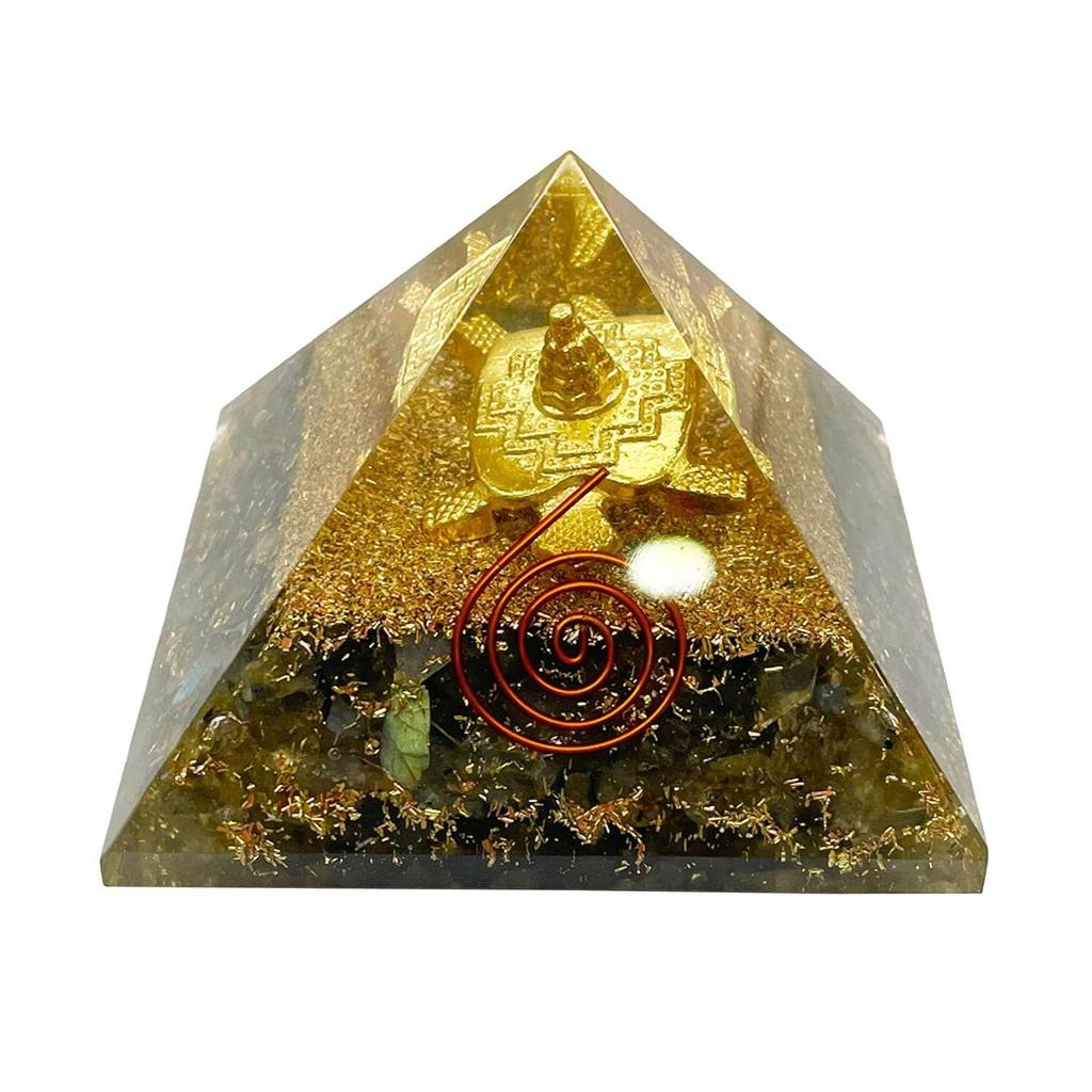 Resin Medium Size Multicolor Set of 1 Labradorite Shree Yantra On Turtle Orgone Pyramid for Reiki Healing, Vastu Correction, Meditation