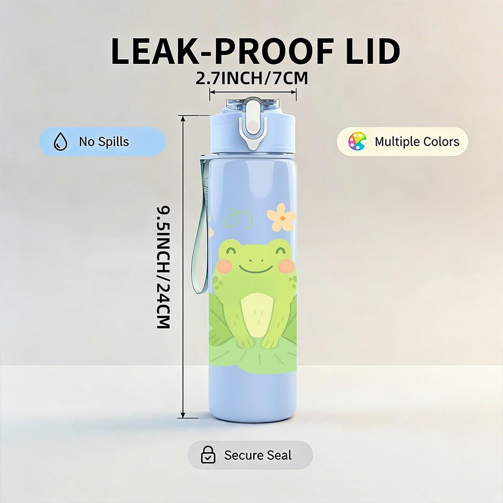 1PC Watercolor Green Frog Flower 750ml Color Plastic Sports Water Bottle Leakproof Flip Straw Lid Suitable for Sports Office Home Use