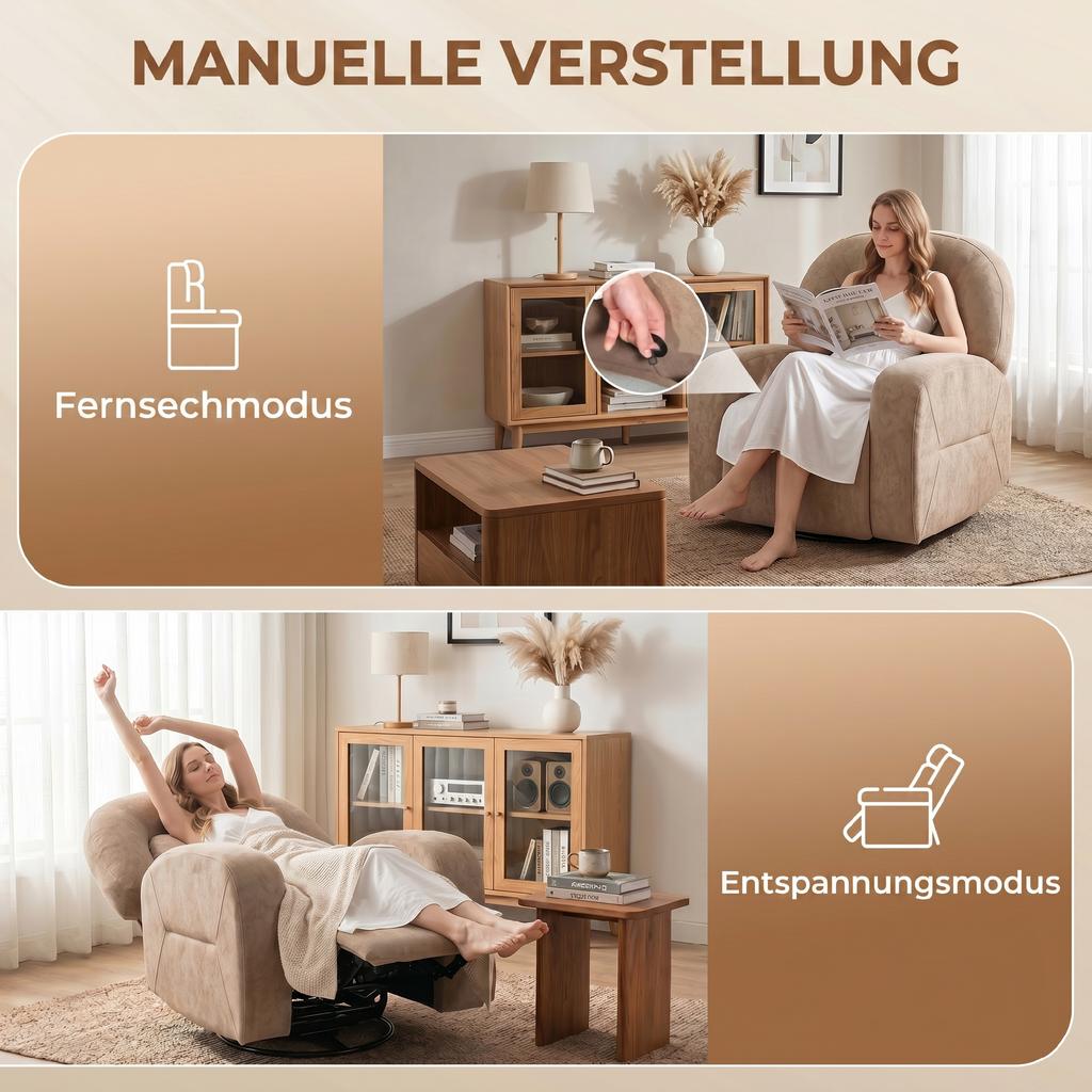 Recliner, 360 degrees Swivel Reclining Chair with Cloud-Soft Velvet Fabric, Wide Seat, for Living Room, Khaki