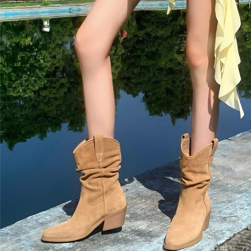 Cowhide Version~ Zhao Silu Retro Medium Tube Knight Boots Matte Pointed Thick Heel Versatile V Boots Thin Pile Boots Women