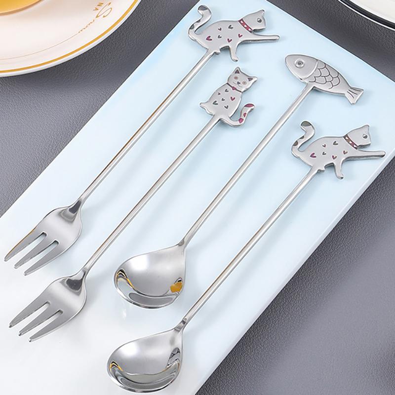 Cute Paintings Cat 304 Stainless Steel Spoon Hollow For Coffee Tea Dessert Spoon Kitchen Tableware Gifts For Students Children