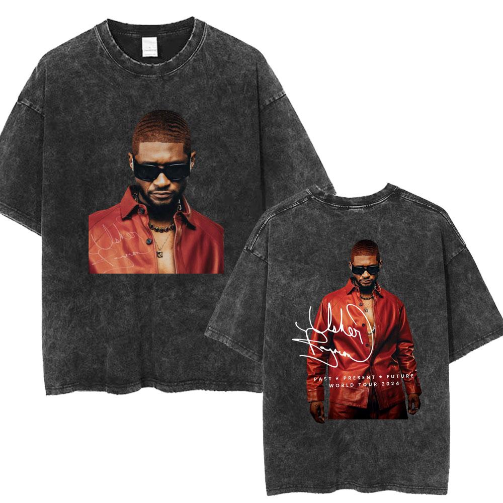 Usher Past Resent Future Tour Washed T Shirt Hip Hop Retro Harajuku Tshirt Men Women Loose High Quality Cotton Street Tees