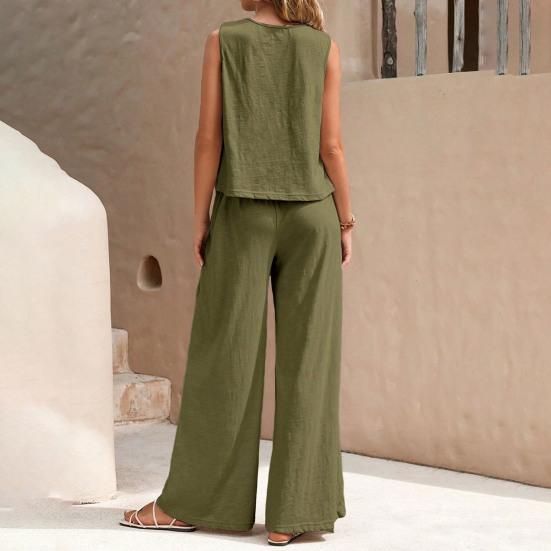 Женский комплект из 2 предметов: жилет, брюки, круглый вырез, без рукавов, однотонный топ, высокая талия, широкие брюки, повседневный наряд для отпуска, летняя пляжная одежда