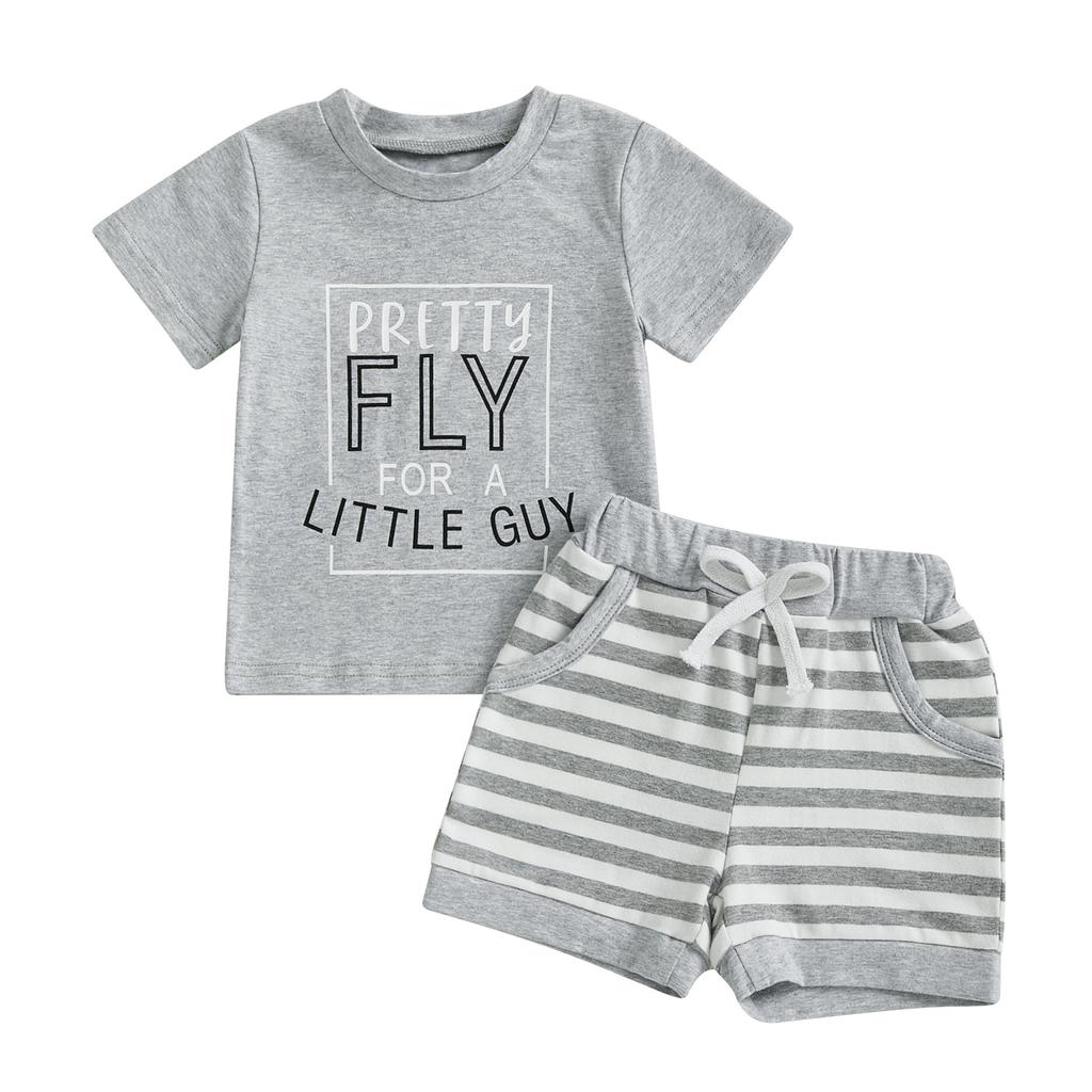 Летний комплект с шортами для мальчиков, с буквенным принтом, короткими рукавами, круглым вырезом, эластичным поясом, полосатыми шортами